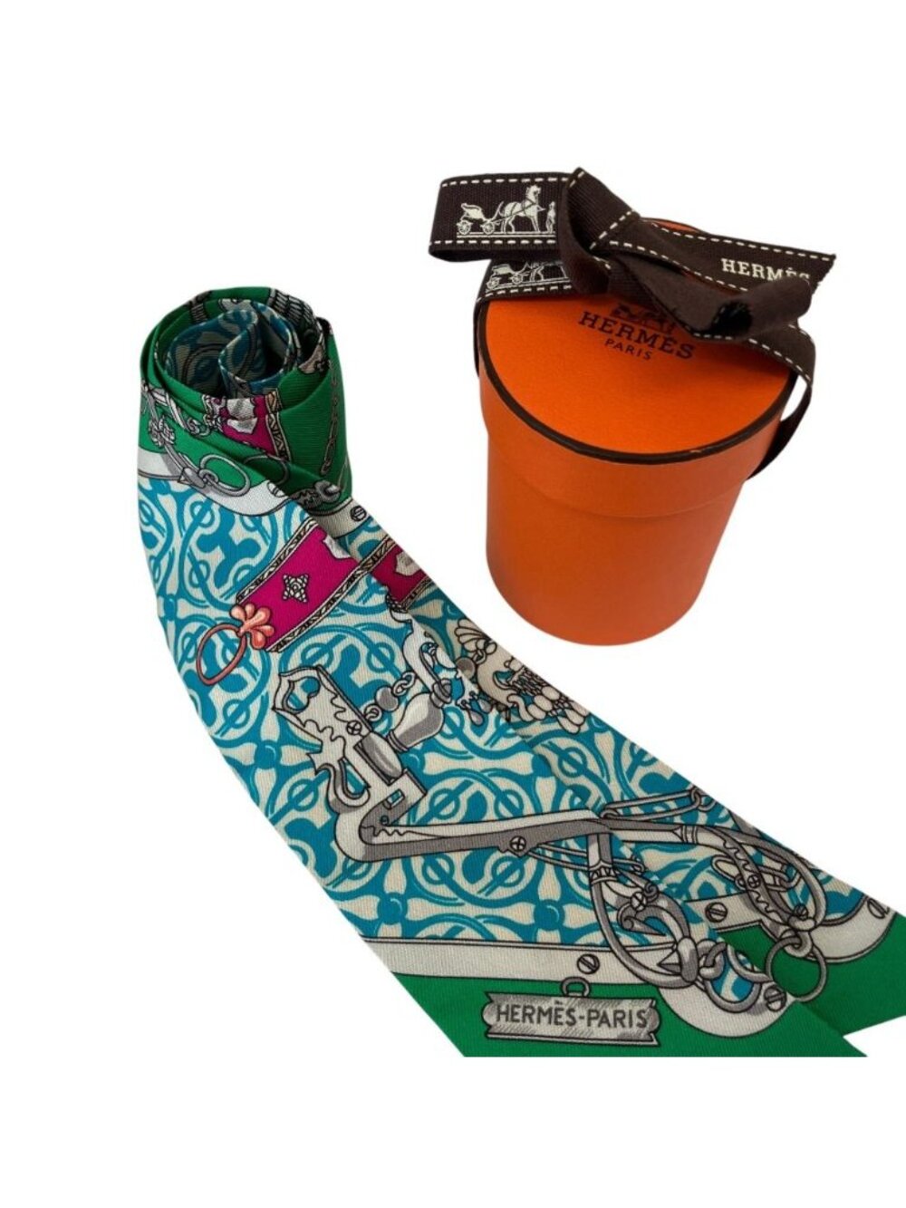 Hermes Mors Et Gourmettes Remix Horsemanship and Chains Twilly Scarf Green - Picture 6 of 6